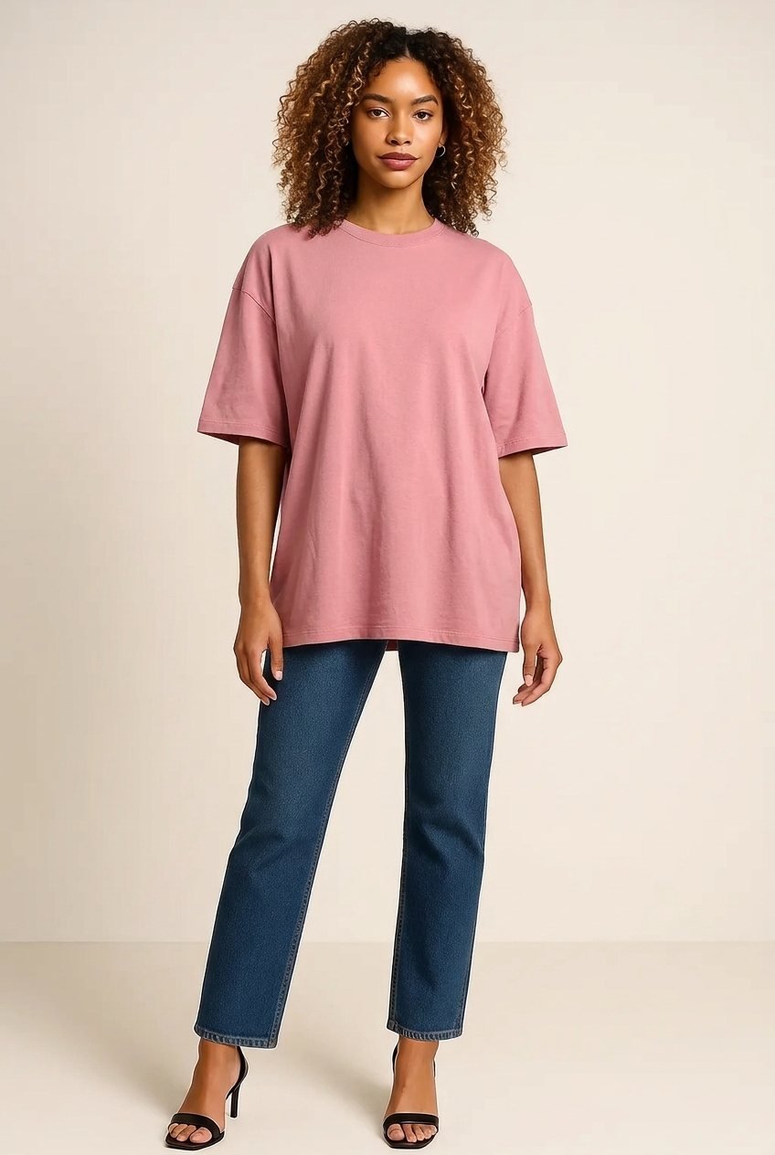 The same t-shirt worn by a model