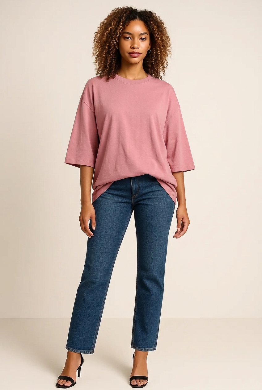 Model wearing the pink t-shirt, studio